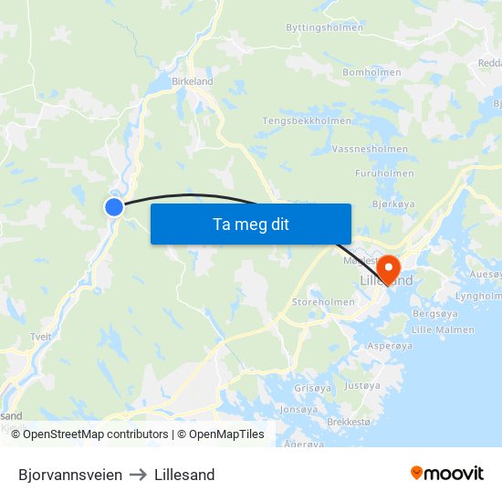 Bjorvannsveien to Lillesand map