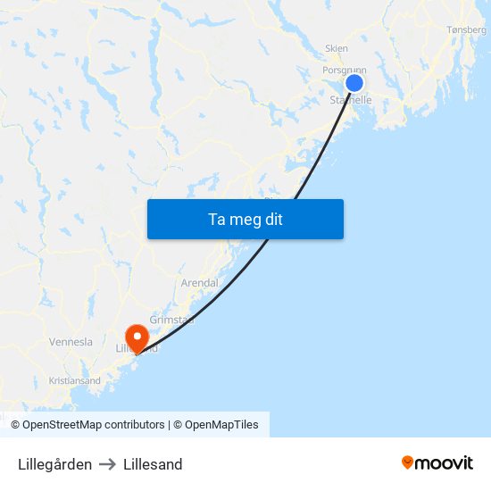 Lillegården to Lillesand map