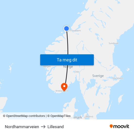 Nordhammarveien to Lillesand map