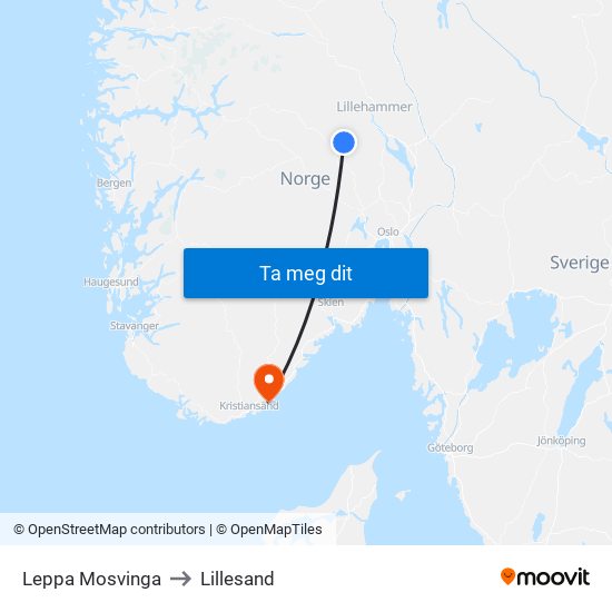 Leppa Mosvinga to Lillesand map