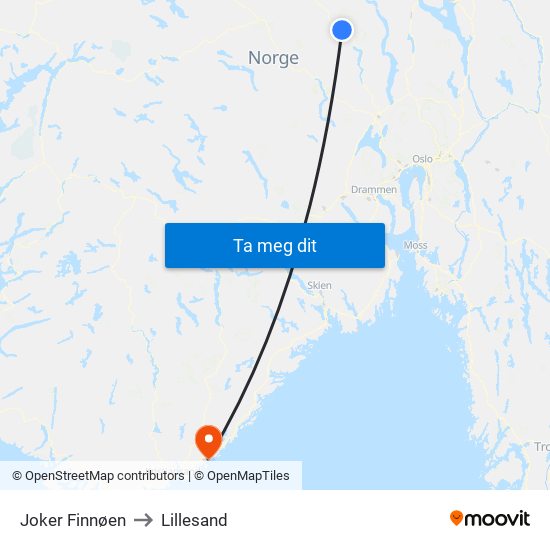 Joker Finnøen to Lillesand map