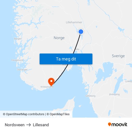 Nordsveen to Lillesand map