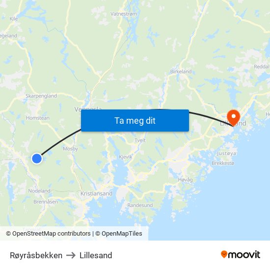 Røyråsbekken to Lillesand map