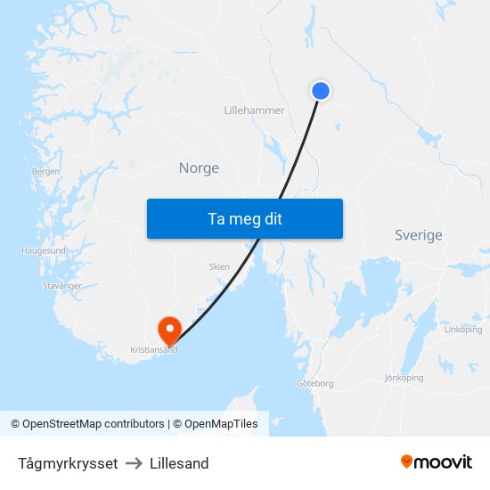 Tågmyrkrysset to Lillesand map