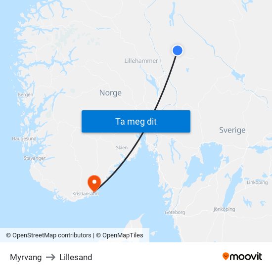 Myrvang to Lillesand map