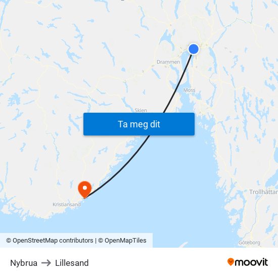 Nybrua to Lillesand map