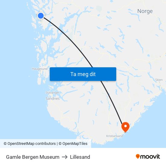 Gamle Bergen Museum to Lillesand map