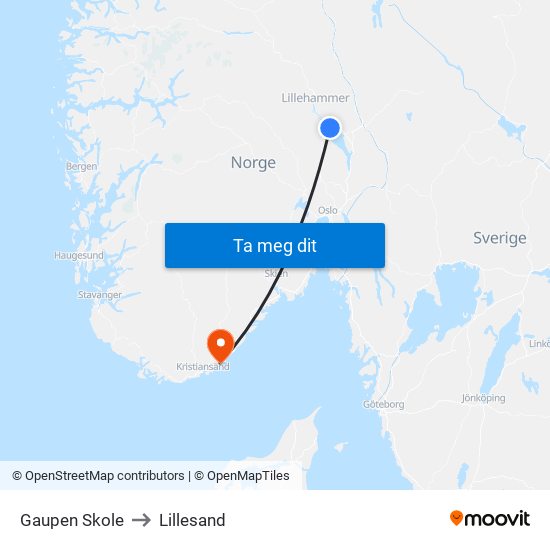 Gaupen Skole to Lillesand map