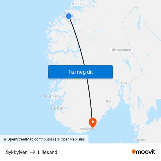 Sykkylven to Lillesand map