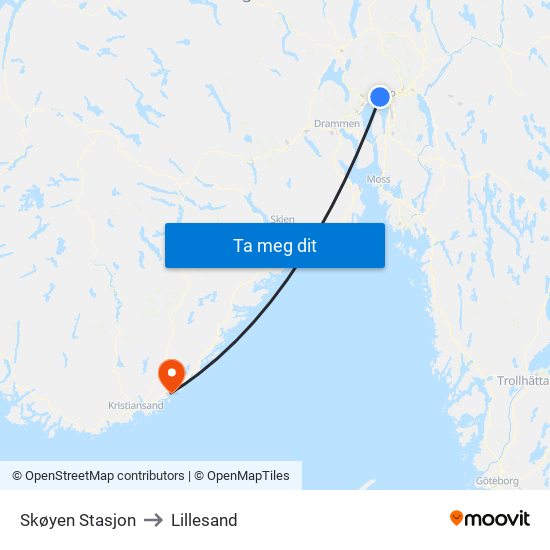 Skøyen Stasjon to Lillesand map