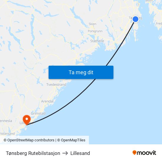 Tønsberg Rutebilstasjon to Lillesand map