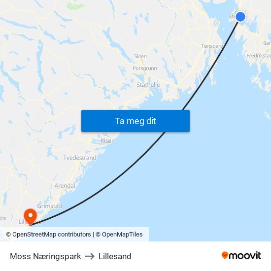 Moss Næringspark to Lillesand map
