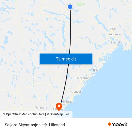 Seljord Skysstasjon to Lillesand map