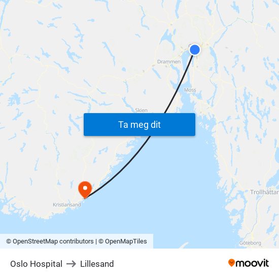 Oslo Hospital to Lillesand map
