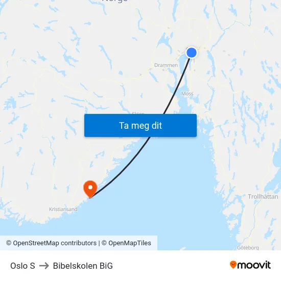 Oslo S to Bibelskolen BiG map