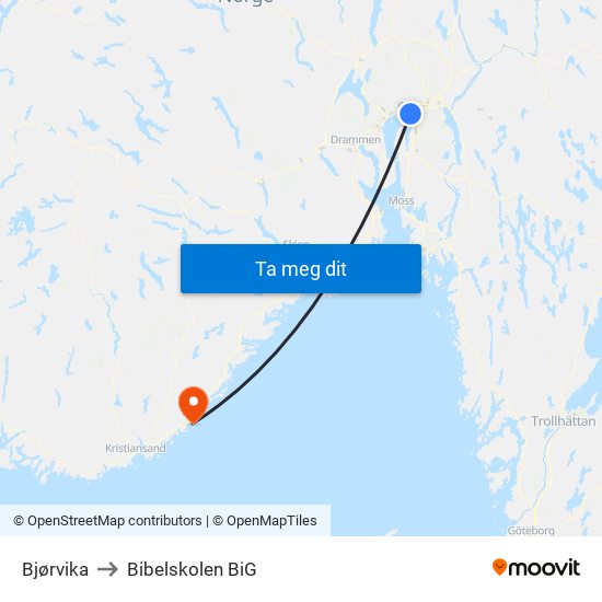 Bjørvika to Bibelskolen BiG map