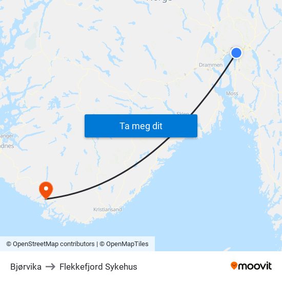 Bjørvika to Flekkefjord Sykehus map