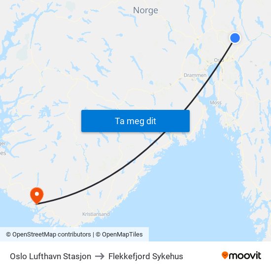 Oslo Lufthavn Stasjon to Flekkefjord Sykehus map