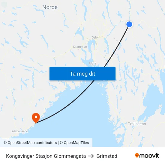Kongsvinger Stasjon Glommengata to Grimstad map