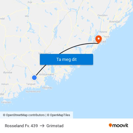 Rosseland Fv. 439 to Grimstad map