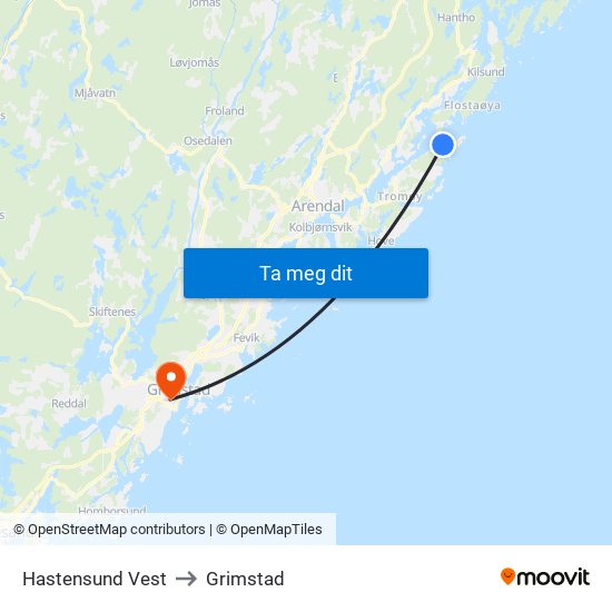 Hastensund Vest to Grimstad map