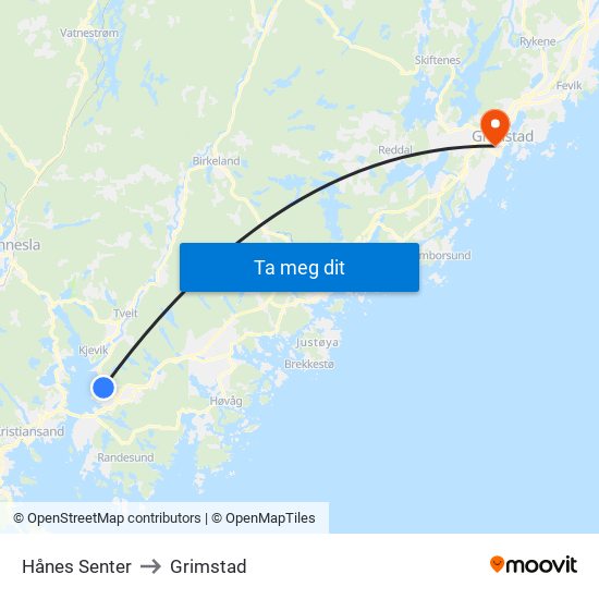 Hånes Senter to Grimstad map