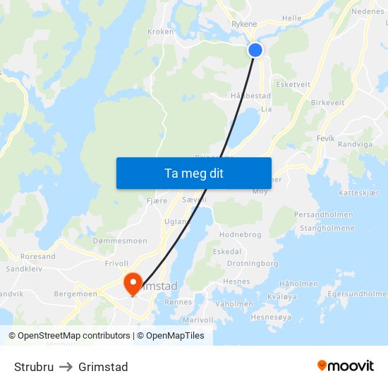Strubru to Grimstad map