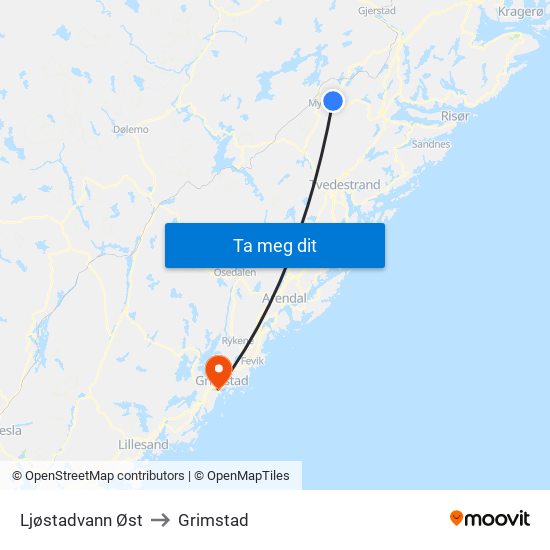 Ljøstadvann Øst to Grimstad map