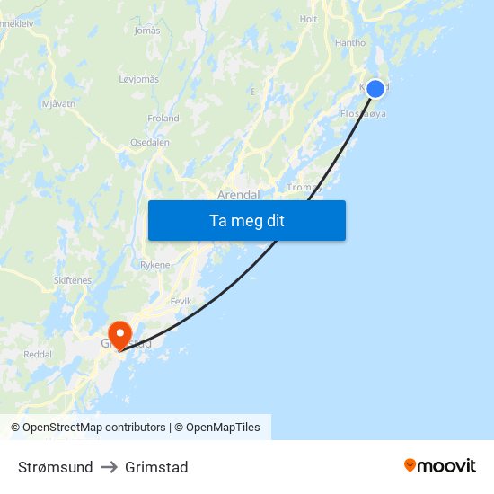 Strømsund to Grimstad map