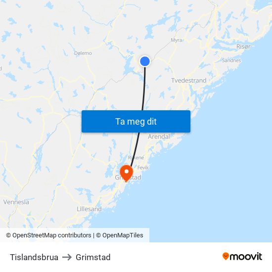 Tislandsbrua to Grimstad map