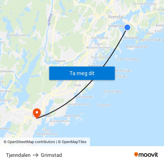 Tjenndalen to Grimstad map