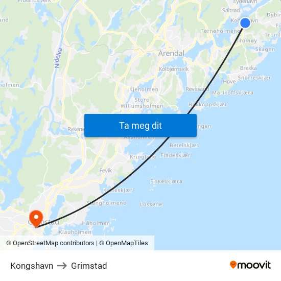 Kongshavn to Grimstad map