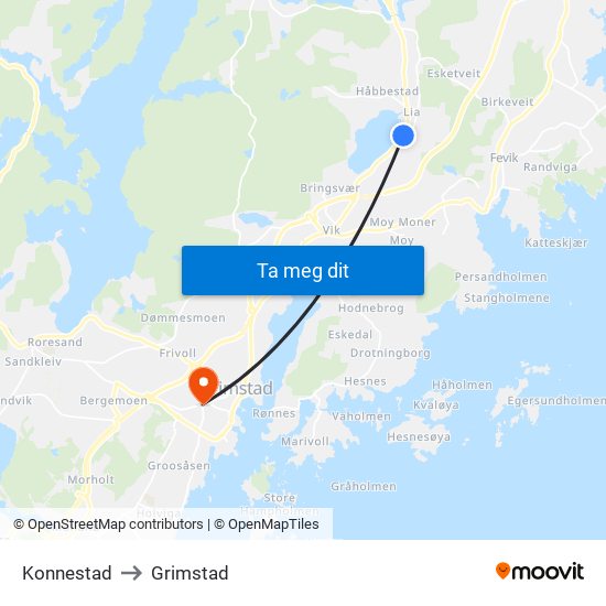 Konnestad to Grimstad map