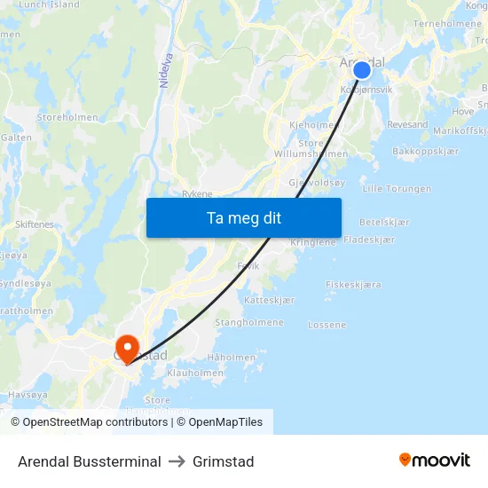 Arendal Bussterminal to Grimstad map