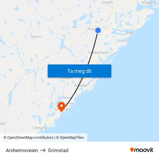 Arnheimsveien to Grimstad map