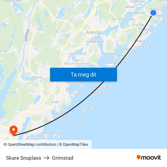 Skare Snuplass to Grimstad map