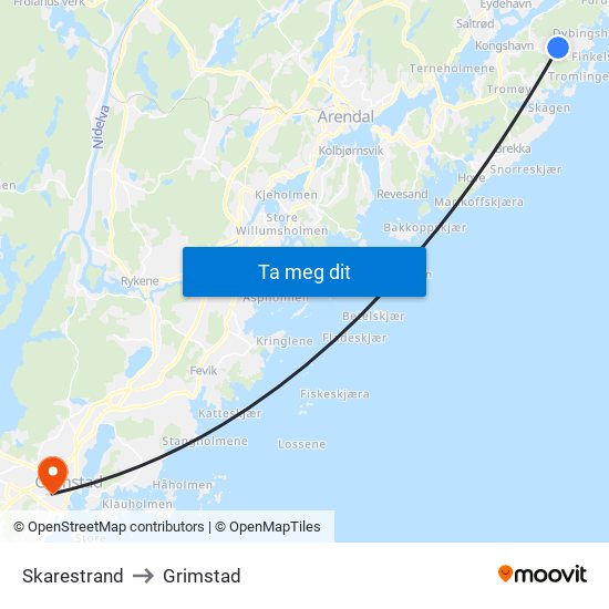 Skarestrand to Grimstad map