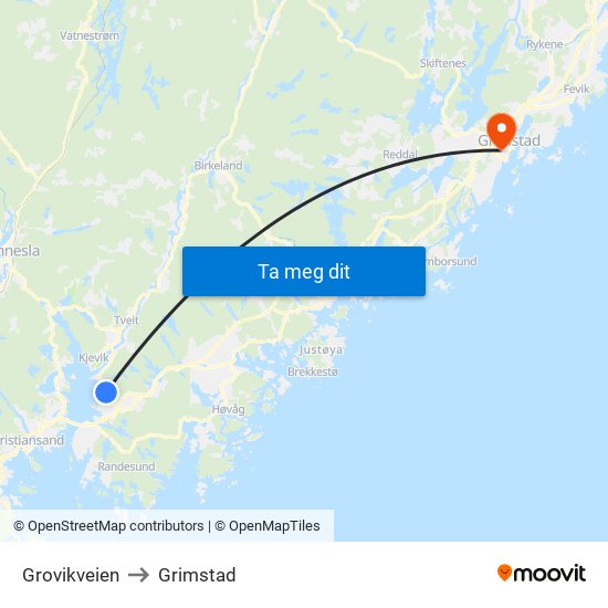 Grovikveien to Grimstad map