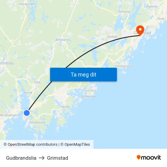 Gudbrandslia to Grimstad map