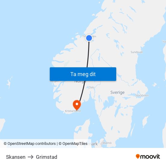 Skansen to Grimstad map
