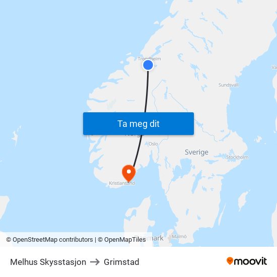 Melhus Skysstasjon to Grimstad map