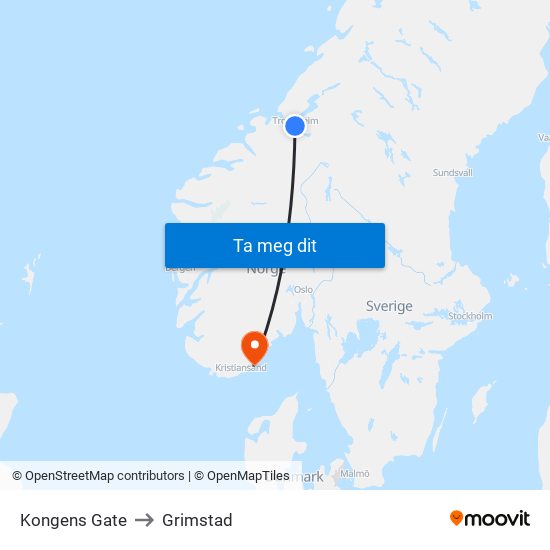 Kongens Gate to Grimstad map