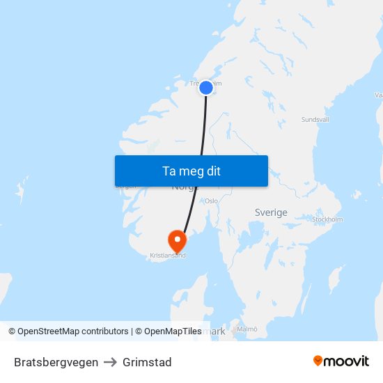Bratsbergvegen to Grimstad map