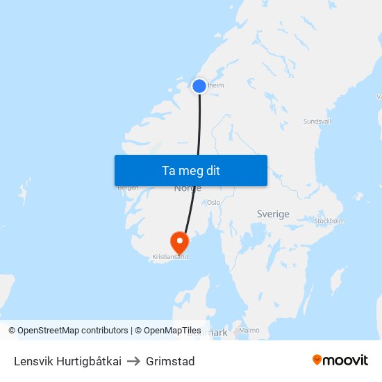 Lensvik Hurtigbåtkai to Grimstad map