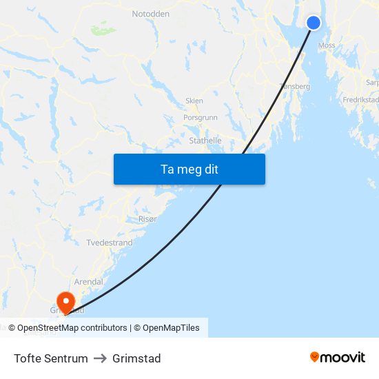 Tofte Sentrum to Grimstad map