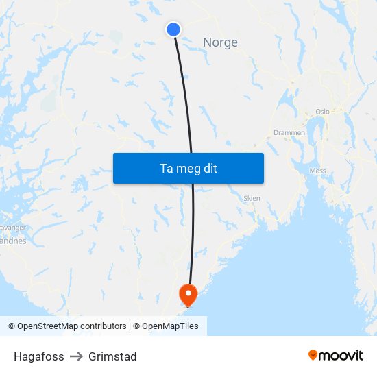 Hagafoss to Grimstad map