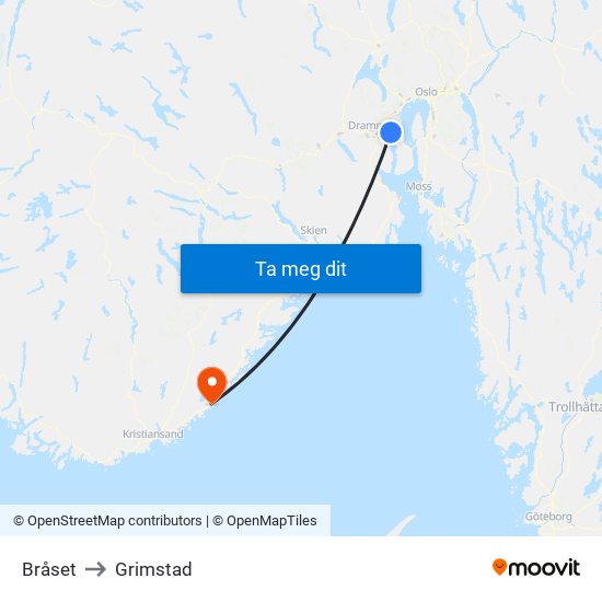 Bråset to Grimstad map