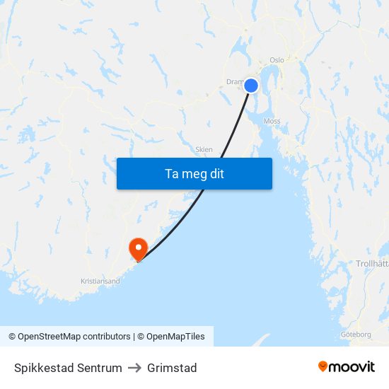 Spikkestad Sentrum to Grimstad map