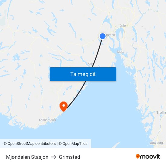 Mjøndalen Stasjon to Grimstad map