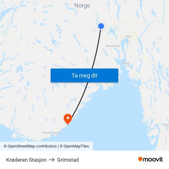Krøderen Stasjon to Grimstad map